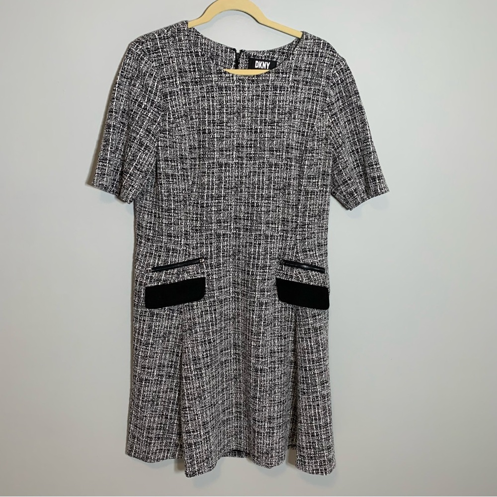DKNY Sheath Dress Women 14 Black White Tweed Short Sleeve Zip Pocket Round‎ Neck